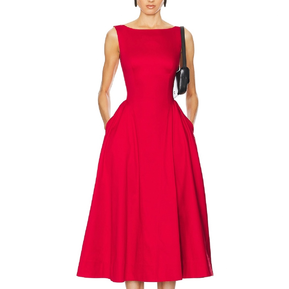 NWT Helsa Stretch Cotton Sateen Midi Dress - Red Lipstick - Picture 8 of 10